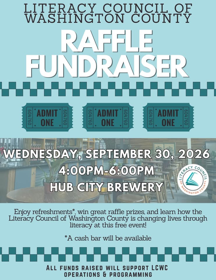 LCWC Raffle Fundraiser flyer - Wednesday, September 30, 2026, 4-6 PM at Hub City Brewery