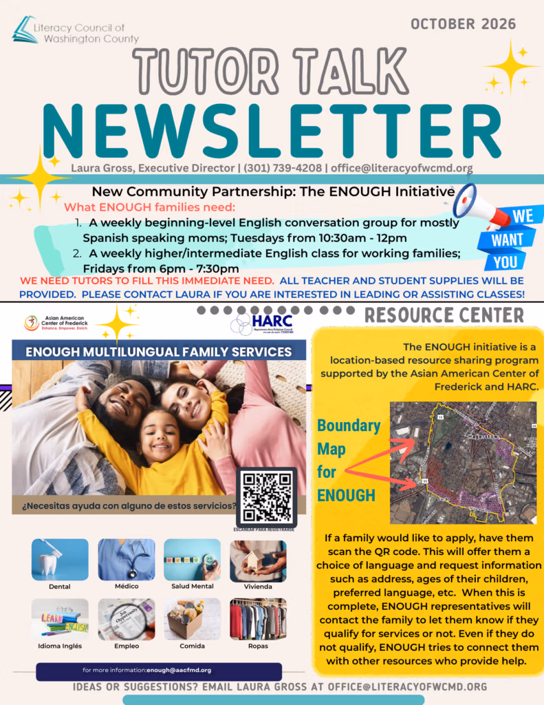 Tutor Talk Newsletter, October 2026, page 2: New community partnership with the ENOUGH Initiative, a call for volunteer tutors for two weekly English classes, and a Resource Center section on ENOUGH multilingual family services. Full text below.