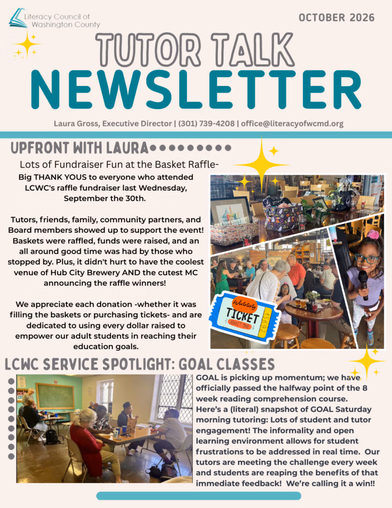 Tutor Talk Newsletter, October 2026, page 1: Upfront with Laura thanks everyone who attended the September 30th basket raffle at Hub City Brewery, and a GOAL Classes spotlight with a photo of Saturday morning tutoring. Full text below.